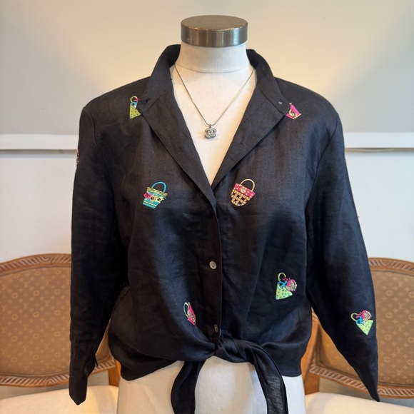 Richard Malcolm Tops - Vintage 90s Black 100% Irish Linen Tie Front Blouse Cropped Embroidered Purses